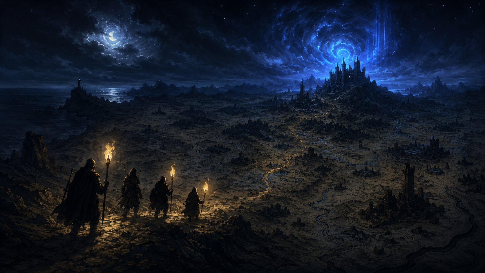 Nocna mapa wyprawy prowadzącej do cytadeli AI Testing Adventure